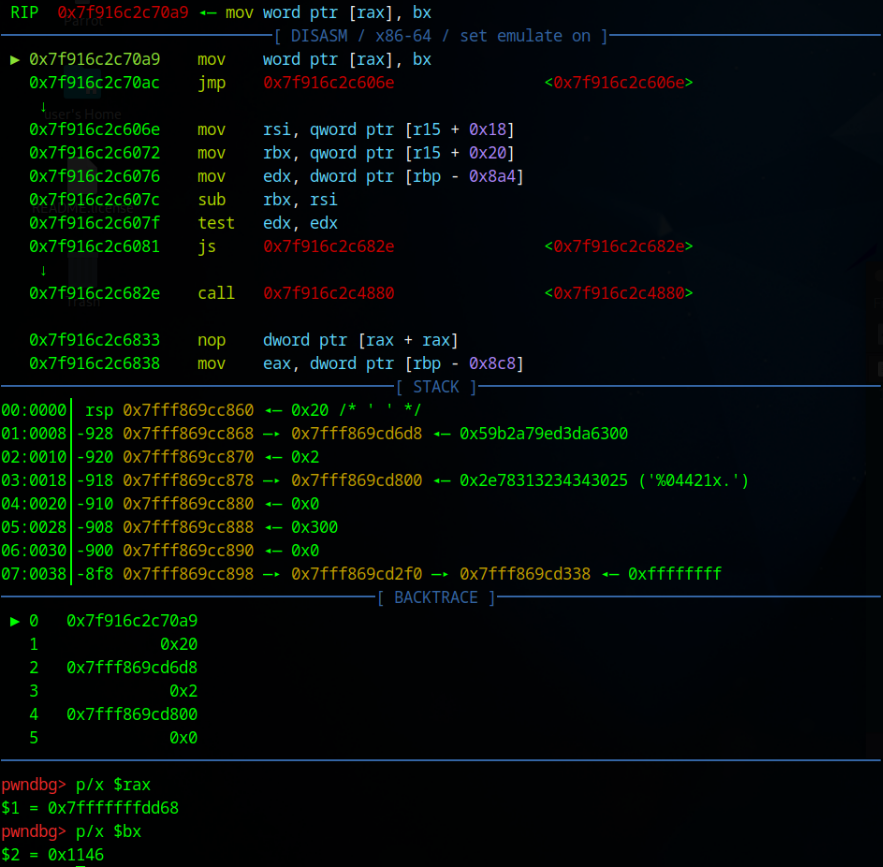 A pwndbg screenshot depicting a store of 0x1146 to 0x7fffffffdd68.