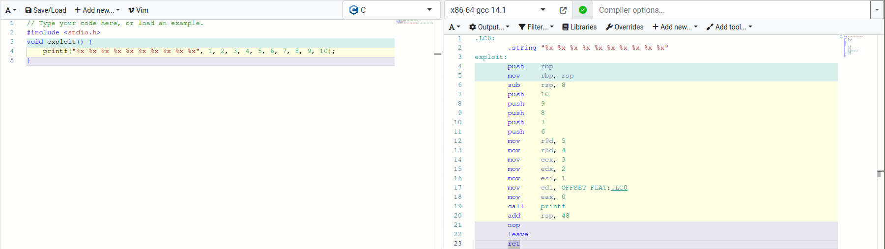 An image depicting the assembly generated for a printf call.